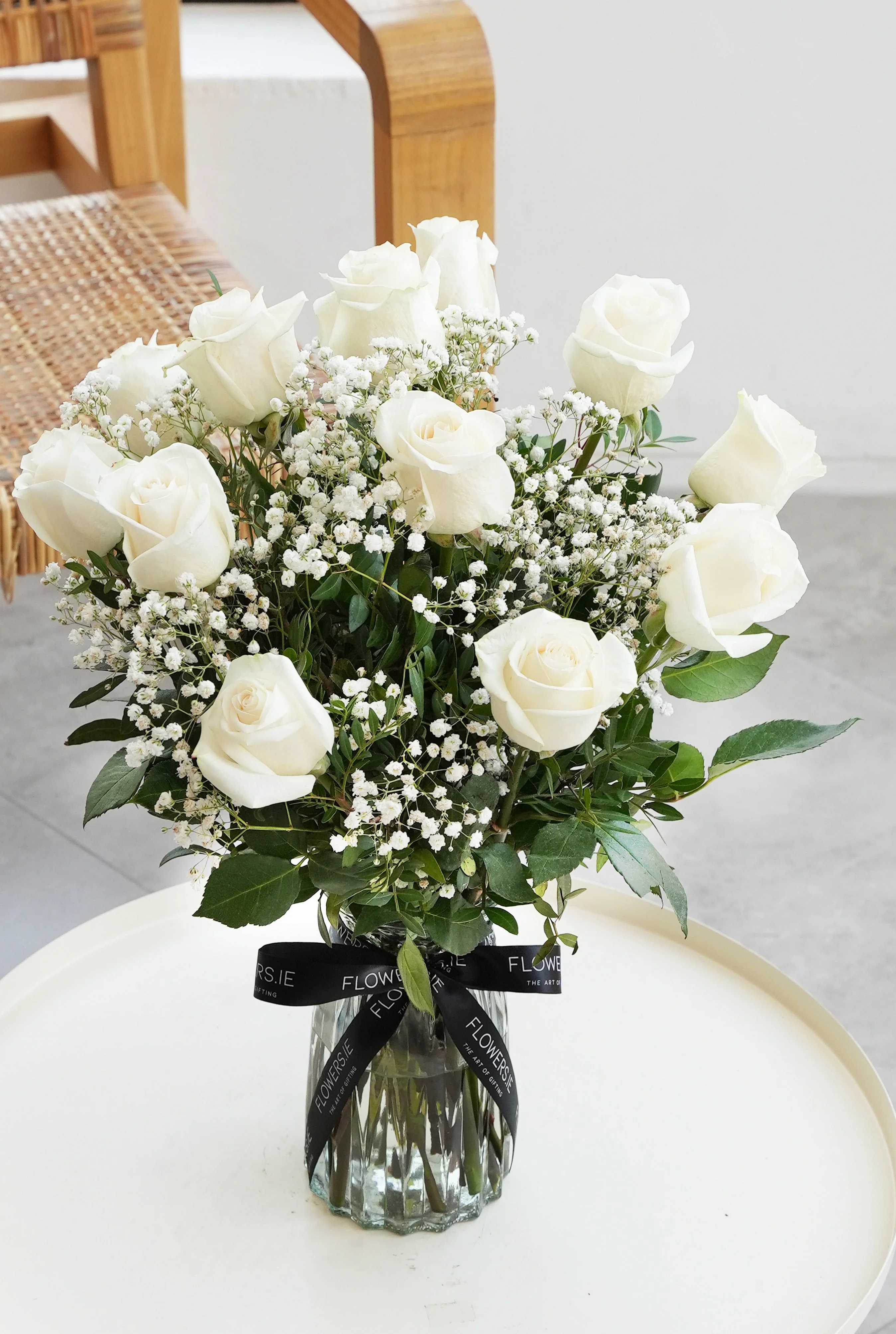 Birthday 12 Long Stem White Roses - Vase - Image 4