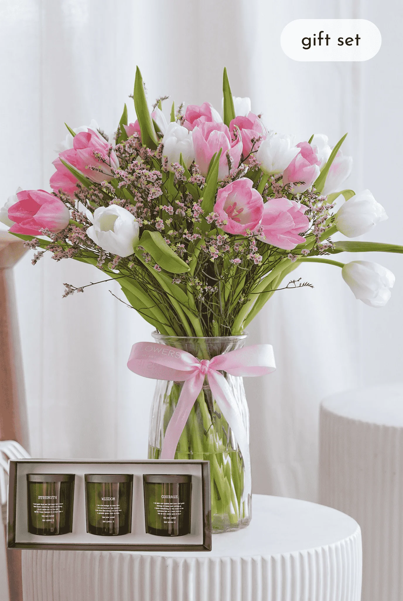 Luxury Pink and White Tulips - Vase with Candle - Image 4
