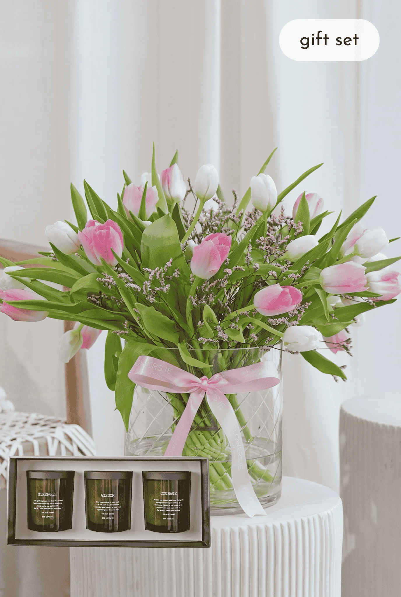 Luxury Pink and White Tulips - Vase with Candle - Image 6