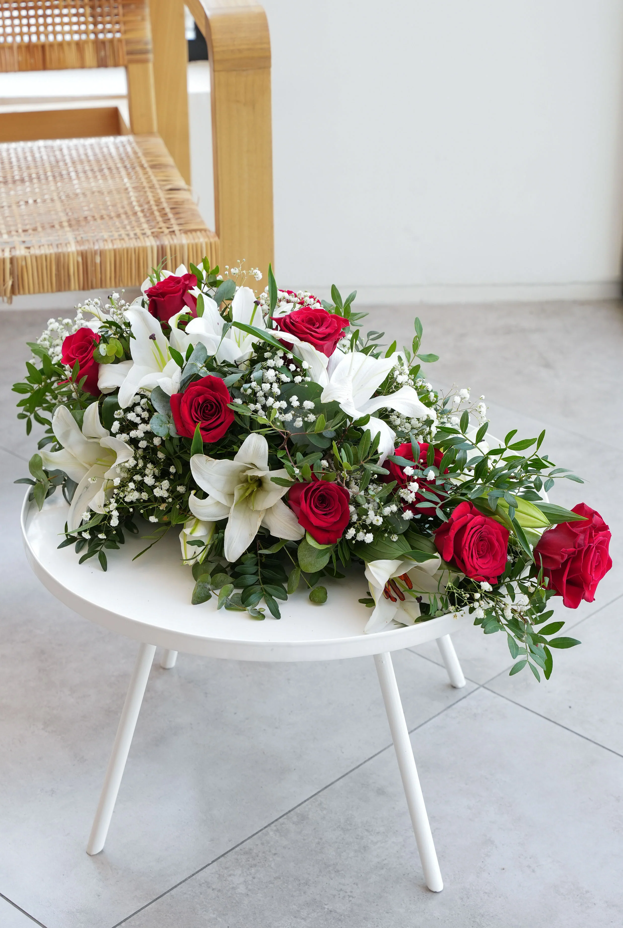 Red Roses and White Lily Funeral Spray - Image 4