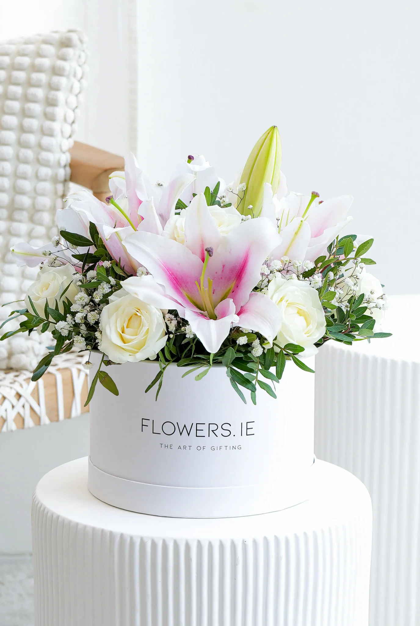 Sympathy White Roses and Pink Lily Hatbox - Image 3